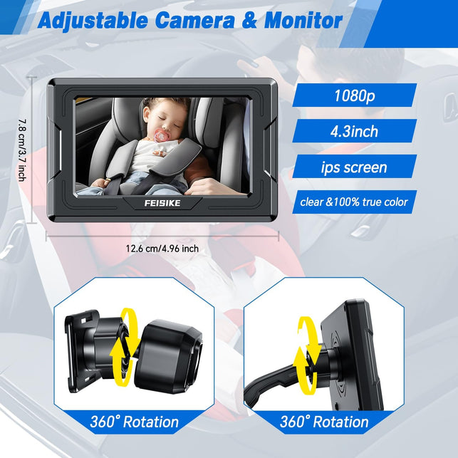 FEISIKE Baby Car Camera HD 1080P with Display, 4.3'' Back Seat Baby Car Camera Mirror for Crystal Infrared Night Vision, 360° Rotation & 149° Wide View, 3 Mins Easy Installation