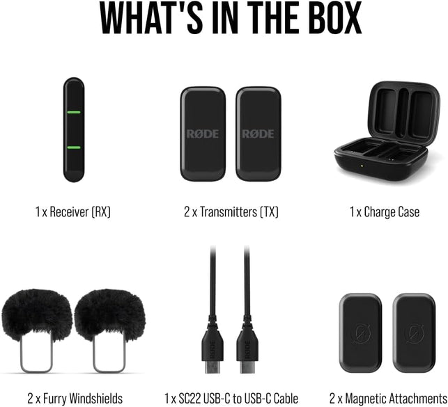 RØDE Wireless Micro - Compact Wireless Microphone, Two Mics with Charge Case for Smartphone Content Creation - USB-C, Black