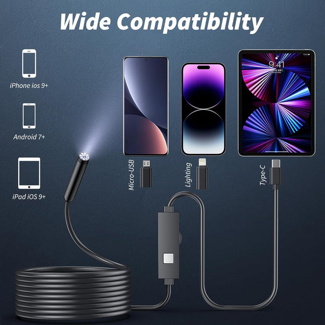 Kinpthy Endoscope Camera with Light,1920P HD Borescope Tools with 8 Adjustable LED Lights, Endoscope with Semi-Rigid Snake Camera, Inspection Borescope for Ios and Android-16.4Ft Single Lens