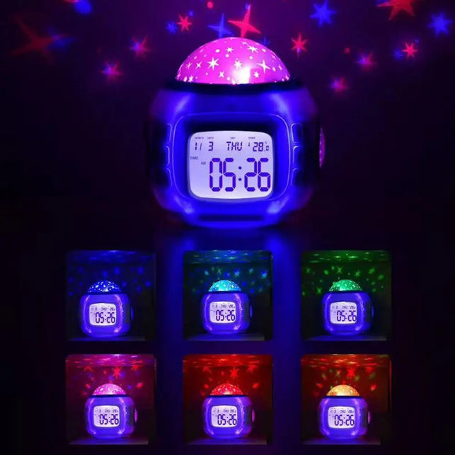 Music Alarm Clock Starry Sky Projection Lamp Children Bedroom Decoration Night Light Desk Digital Clocks Calendar Kids Gift