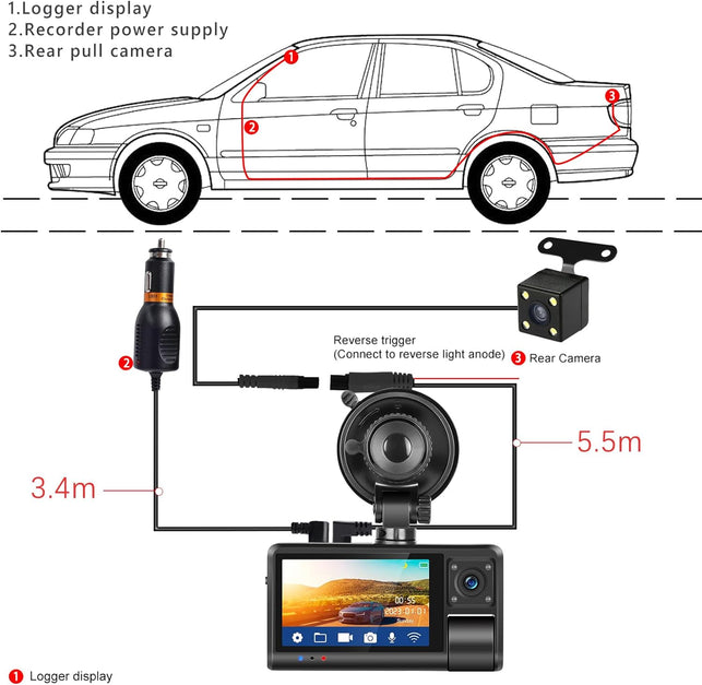 Dual Dash Cam for Cars Front/Inside/Rear View Camera 3 Inch Touchscreen 1080P HD DVR Camera Video Recorder Driving Recorder 2 Split Screens Wide Angle Automatic Loop Recording Night Vision