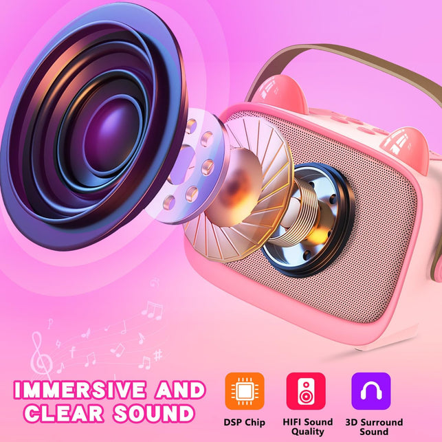 Mgaolo Upgraded Mini Karaoke Machine Toy for Kids, Portable Bluetooth Speaker with 2 Wireless Mics, Emoji & Colorful LED Lights, Home Travel & Party Play Gifts for Boys Girls (Pink)