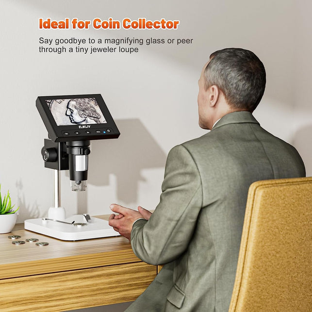 Elikliv Microscope, LCD Digital Coin Microscope 1000X, Coin Magnifier with 8 Adjustable LED Lights, PC View Compatible with Windows, EDM4, 4.3 Inch