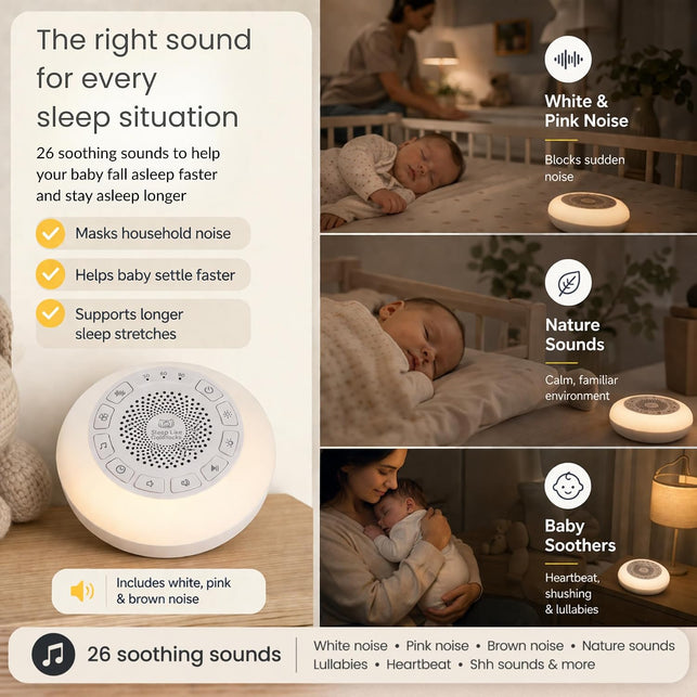 Portable White Noise Machine Baby, Kids | 26 Soothing Sounds, Adjustable LED Light and Red Light, USB Rechargeable, up to 50 Hours Battery Life - Promotes Deep, Restorative Sleep without Disrupting Melatonin (Red Light) for Healthier Sleep for Babies and Adults.