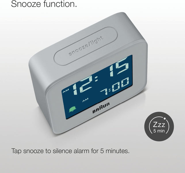 Braun Digital Travel Alarm Clock with Snooze, Compact Size, Negative LCD Display, Quick Set,Crescendo Beep Alarm in Grey, Model BC08G.