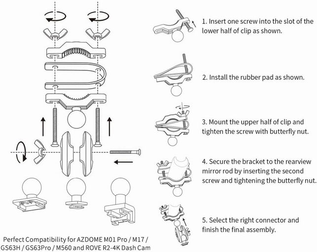 AZDOME Dash Camera Mirror Mount Holder Kit, Dash Cam Mount for ROVE R2-4K Dashcam, M01 Pro, M17, M16, GS63H, GS65H Car Camera