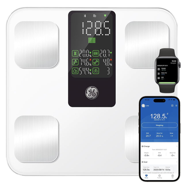 GE Smart Body Weight Scale, with 8-In-1 Display for BMI Body Fat Muscle Mass, Digital Bathroom Bluetooth Scale, 14 Composition Analyzer for Health Monitoring, 11.8", Accurate 400Lb Weighing, White