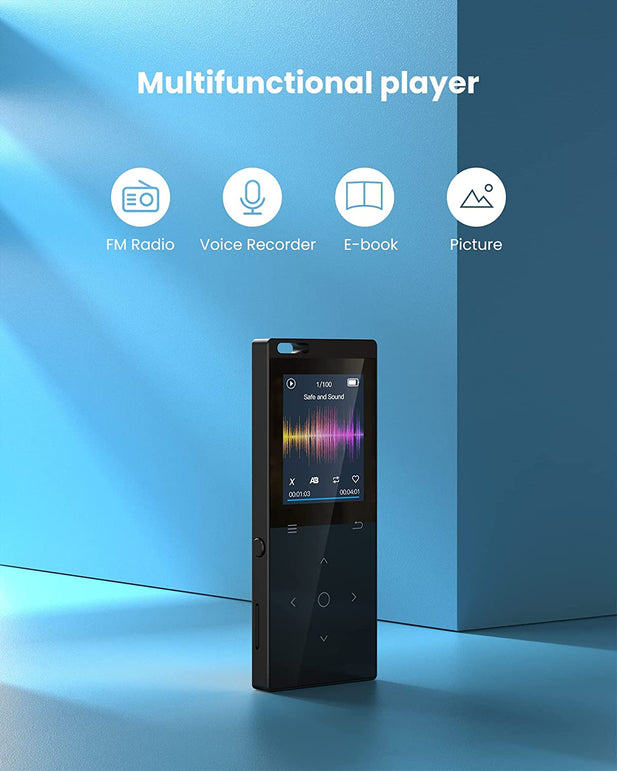 128GB MP3 Player - Music Player with Bluetooth 5.2 Hifi Sound Shuffle Single Loop FM Radio Built-In HD Speaker Voice Recorder Mini Design Ideal for Sport (Earphones Included)
