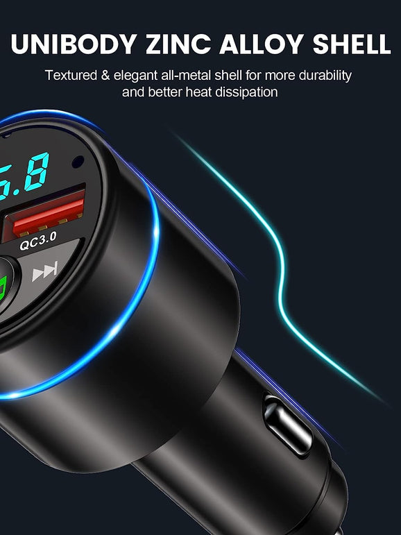 RIWUSI FM Transmitter for Car Bluetooth 5.3, [All-Metal] PD 30W & QC3.0 18W Fast Car Charger, Wireless FM Radio Car Kit Bluetooth Car Adapter, Noise Cancelling Hands-Free Call, Blue Light - Black