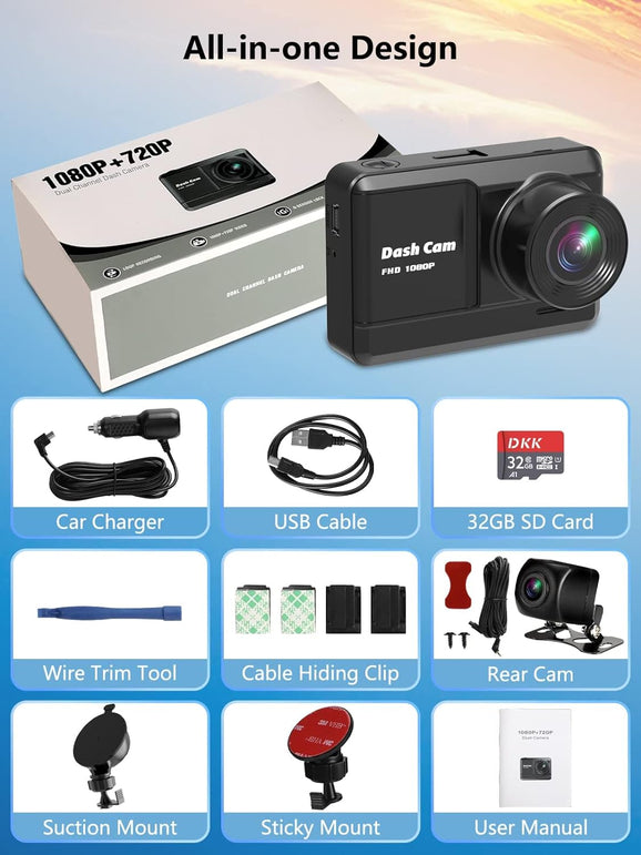 Dash Cam Front and Rear, Mini Dash Cam 1080P Full HD with 32GB SD Card, 2.45 Inch IPS Screen, 2 Mounting Ways, Night Vision, WDR, Accident Lock, Loop Recording, Parking Monitor