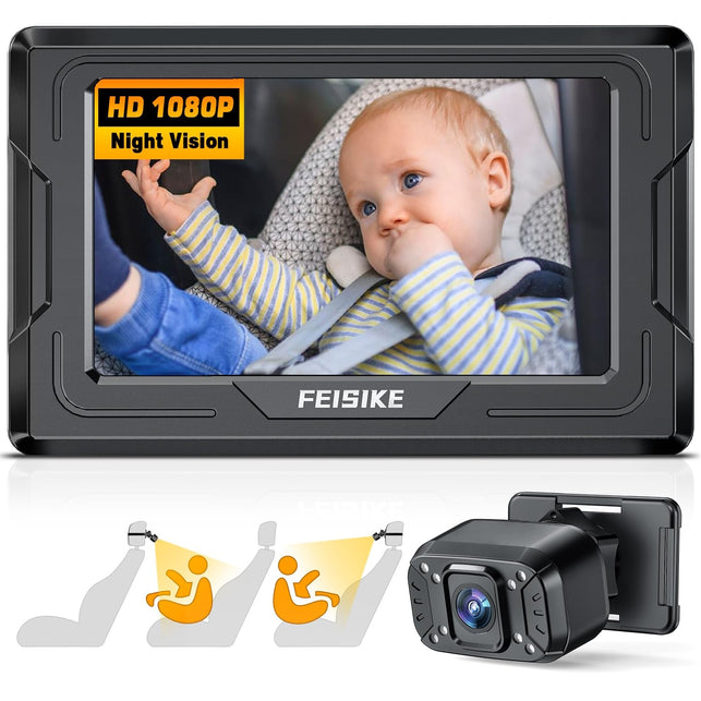 FEISIKE Baby Car Camera HD 1080P with Display, 4.3'' Back Seat Baby Car Camera Mirror for Crystal Infrared Night Vision, 360° Rotation & 149° Wide View, 3 Mins Easy Installation