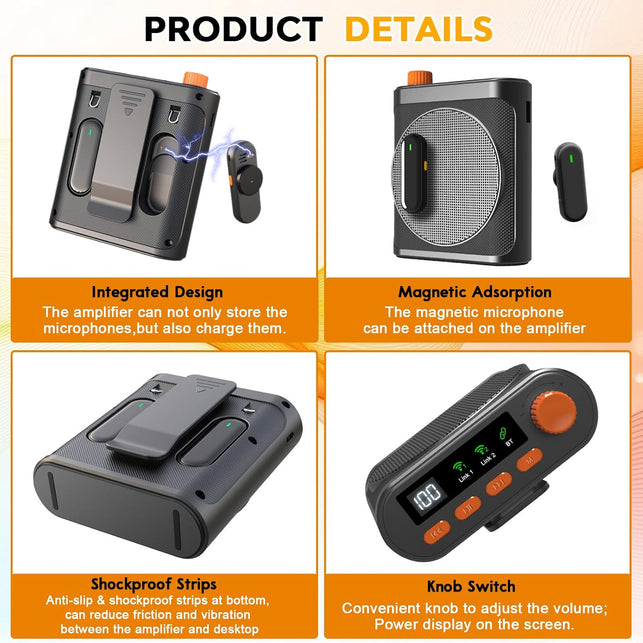 Voice Amplifier Wireless Microphone for Teachers/Classroom/Yoga/Meeting,Portable Bluetooth Speaker with 2Pcs Clip-On Magnetic Wireless Lavalier Lapel Microphones Mini Megaphone Speaker PA System Black