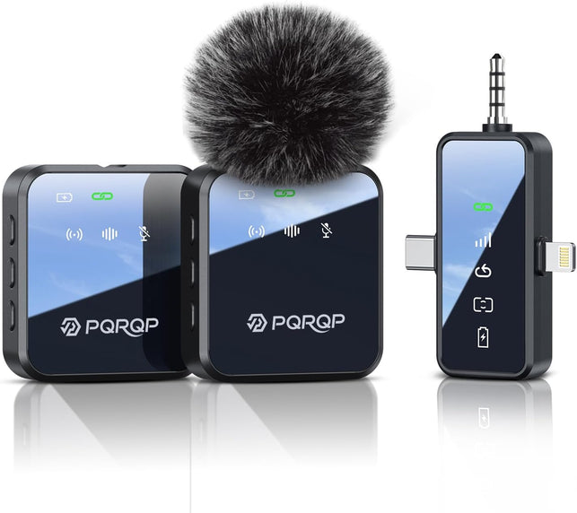 PQRQP 3 in 1 Microphone for Iphone/Android/Camera, Wireless Microphones, 328Ft Transmission, 18H Battery Life, Mini Microphone for Record Interview, Vlogs, Tiktok