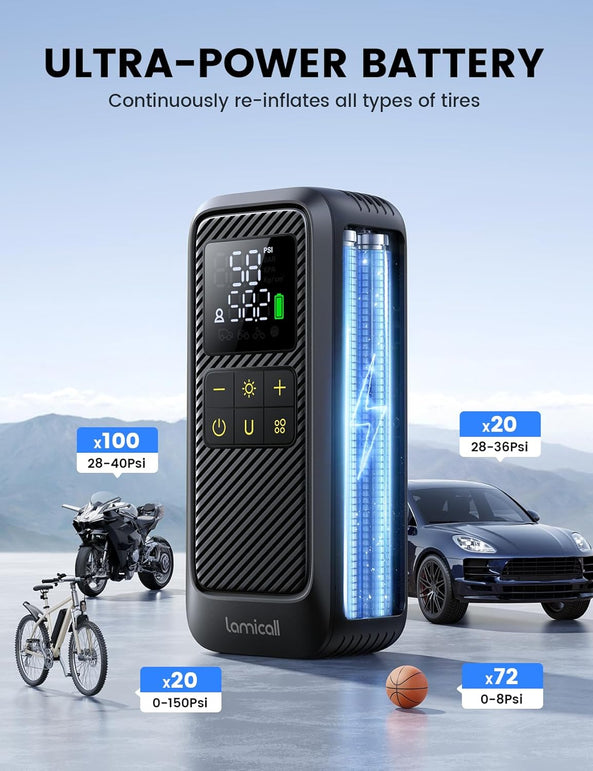 Lamicall Car Tyre Inflator Air Compressor - [5X Faster Inflation] Portable Air Pump with Digital Pressure Gauge & LED Light, 150PSI Electric Tyre Pump with Auto Shutoff for Car, Motorcycle, Bike, Ball