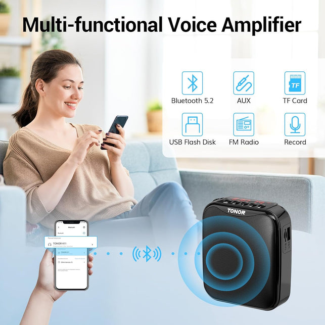 TONOR Voice Amplifier for Teachers, 15W Bluetooth Voice Amplifier with Wireless Headset Mic, Portable Megaphone Speaker Rechargeable PA System 82Ft for Teaching, Speaking, Fitness Instructors K11