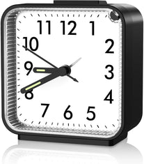 AMIR Analog Alarm Clock, Silent Non Ticking Small Clock, Travel Alarm Clock with Snooze & Light, Ascending Beep Sounds, Battery Operated Loud Alarm Clock for Bedroon, Bedside, Desk (Black)