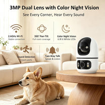 ONNO 3MP Dual Lens Security Camera Indoor, PTZ Wifi Baby Monitor Pet Camera with 2-Way Audio, Color+Ir Night Vision, 355° Pan Tilt, Motion Detection, SD Card & Cloud Storage, Type-C Power