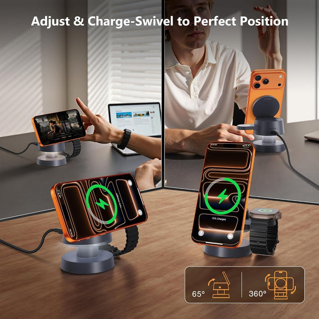 Ivanky 4 in 1 Qi2 Certified Wireless Charger for Iphone 17 Charging Station with Night Light, 15W 3 in 1 Travel Stand for Magsafe Charger for Iphone 17/16/15/14/13/12/11 Pro/Max Apple Iwatch Airpods
