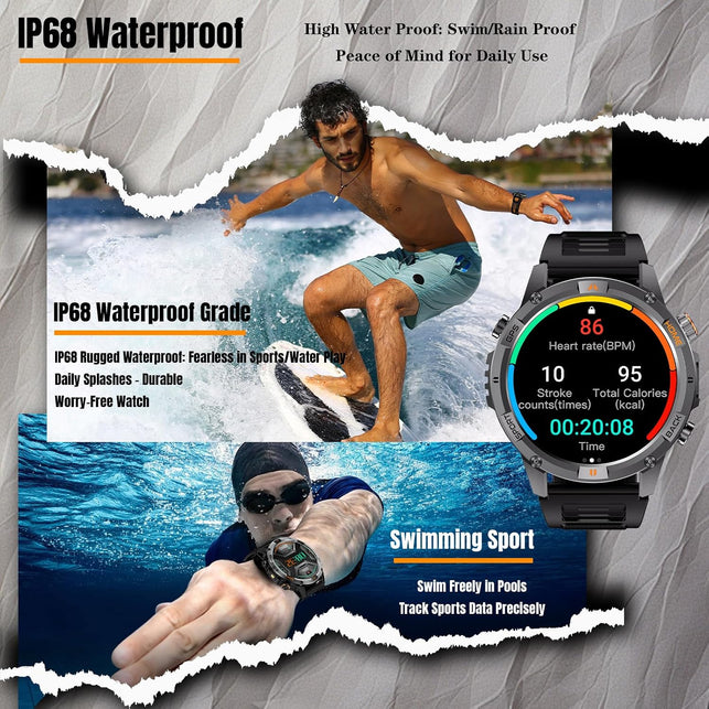 Bostbo Military Smart Watch,1.46" IPS Screen,Bluetooth Call, Smart Watches for Men,100+ Sport Modes for Men,Ip68 Waterproof，Compass with Flashlight Compatible with Ios & Android, Built-In GPS