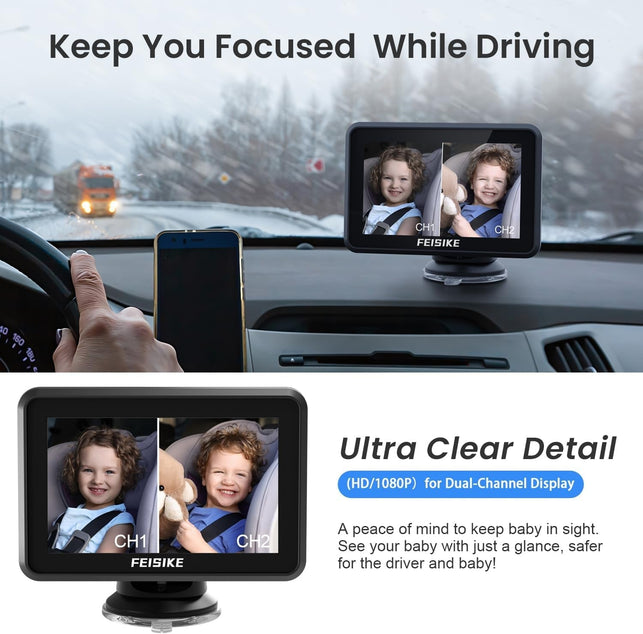 FEISIKE Baby Car Camera, 1080P Dual-Channel 5 Inch Display Baby Car Mirror with 2 IR Night Vision Camera, Easily Install Car Camera for Baby with Crystal Clear Wide View for Rear Facing Seat