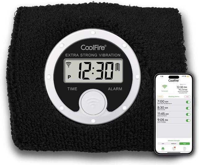 Coolfire Vibrating Alarm Clock Wristband, Silent Wake-Up Watch for Heavy Sleepers, Won’T Disturb Partner, Vibration Alarm Band for Couples/Roommates, Deaf/Hearing Impaired, 4 Alarms, Bluetooth App, Rechargeable (Black)