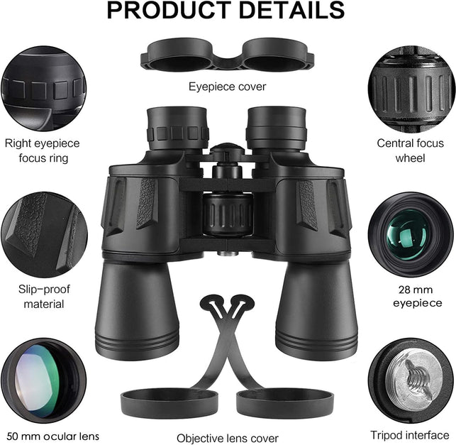 20X50 Binoculars for Adults, High Power Compact Waterproof Binoculars Telescope with Low Light Night Vision for Hunting Bird Watching Travel Football Games with Carrying Case and Strap