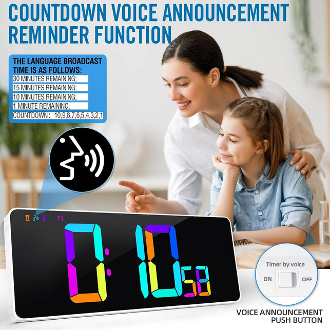 13.7" RGB LED Digital Wall Clock with Remote, Powered by AAA LR03 Batteries, Adjustable Brightness Timer for Home Office