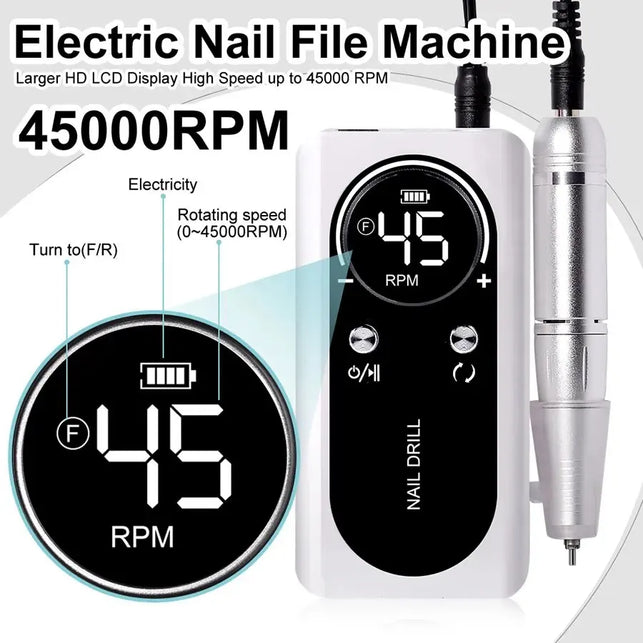 Professional 45000RPM Electric Portable Nail Drill Machine Rechargeable Low Noise Nail Sander File for Manicure Salon Tool