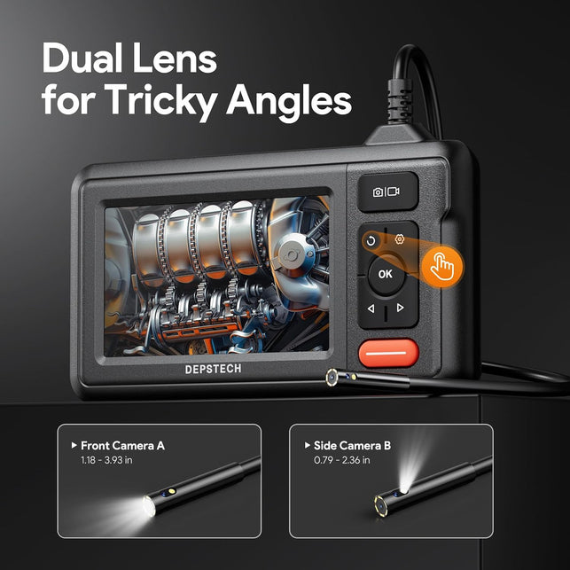 DEPSTECH Dual Lens Borescope Camera with Light, HD Endoscope, 4.3'' IPS Screen, Inspection IP67 Waterproof, 16.5Ft Semi-Rigid Snake Camera Cable for Car Wall Drain Pipe