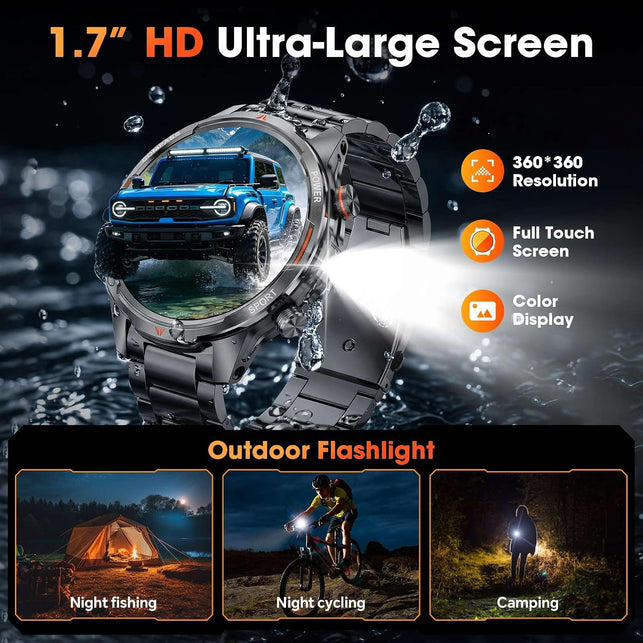 Military Smartwatch for Men, 100-Day Standby, Bluetooth Call with Compass