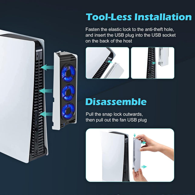 For PS5 Cooling Fan with Led Light,Quiet Efficient Cooling Accessories for PS5 HUIJUTCHEN Upgraded Cooler Fan for Playstation 5 Disc/Digital with USB 3.0 Port,2 Level Speed (Not for PS5 Slim/Pro)