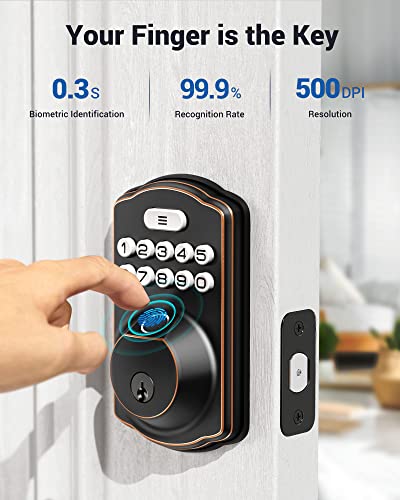 Fingerprint Door Lock, Veise Keyless Entry Door Lock, Electronic Keypad Deadbolt with Keys, Biometric Smart Locks for Front Door, Auto Lock, Anti-Peeking Password, Easy Installation, Oil Rubbed Bronze