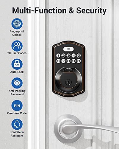 Fingerprint Door Lock, Veise Keyless Entry Door Lock, Electronic Keypad Deadbolt with Keys, Biometric Smart Locks for Front Door, Auto Lock, Anti-Peeking Password, Easy Installation, Oil Rubbed Bronze
