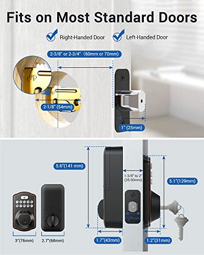 Fingerprint Door Lock, Veise Keyless Entry Door Lock, Electronic Keypad Deadbolt with Keys, Biometric Smart Locks for Front Door, Auto Lock, Anti-Peeking Password, Easy Installation, Oil Rubbed Bronze