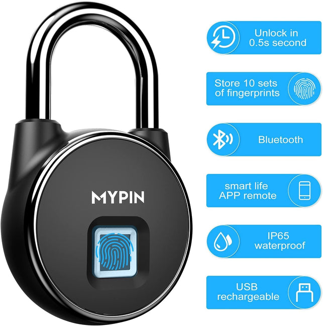 Fingerprint Padlock, Smart Keyless Bluetooth Lock App/Fingerprint Unlock Anti-Theft Padlock Door Luggage Case Lock for Android Ios System Suitable for Gym, Backpack, School, Fence and Storage