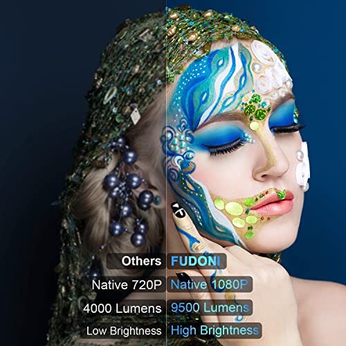 FUDONI Projector with WiFi and Bluetooth, Projector, 5G WiFi Native 1080P 9500L 4K Supported, FUDONI Outdoor Portable Projector with Screen, Home Theater Projector for HDMI/USB/PC/TV Box/iOS & Android Phone