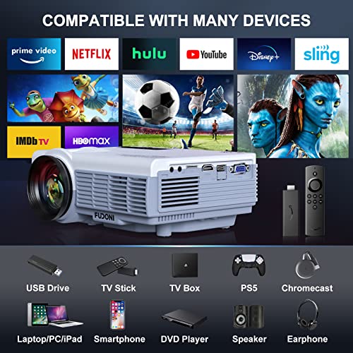 FUDONI Projector with WiFi and Bluetooth, Projector, 5G WiFi Native 1080P 9500L 4K Supported, FUDONI Outdoor Portable Projector with Screen, Home Theater Projector for HDMI/USB/PC/TV Box/iOS & Android Phone