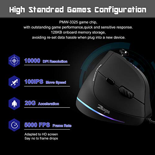 Gaming Mouse with 5 D Rocker, TRELC Ergonomic Mouse with 10000 DPI/11 Programmable Buttons, RGB Vertical Gaming Mice Wired for PC/Laptop/E-Sports/Game