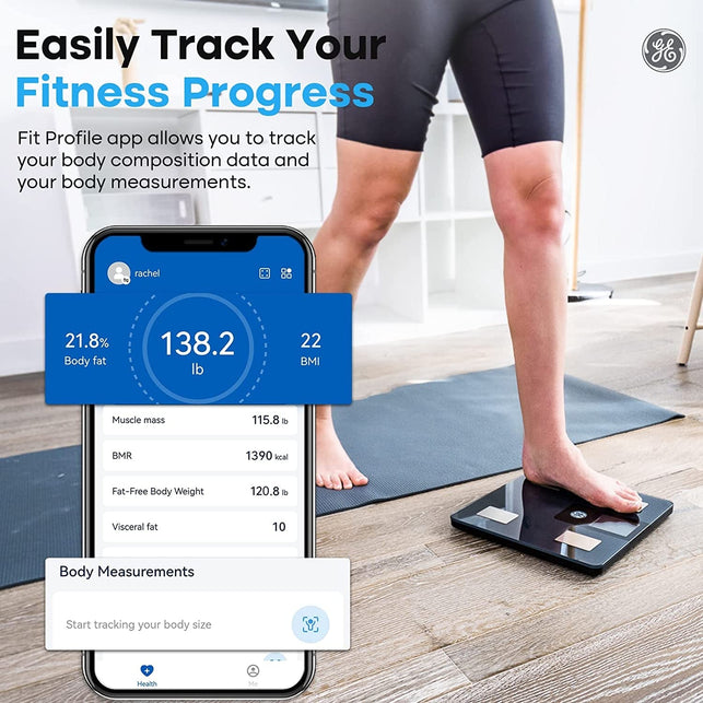 GE Smart Scale for Body Weight with All-In-One LCD Display, Weight Scale, Digital Bathroom Scales, Bluetooth Rechargeable Body Fat Scale, Accurate Weighing Scale for Body Weight, BMI and More, 396 Lbs