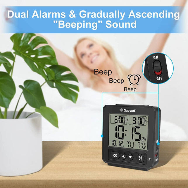 Geevon Small Atomic Travel Alarm Clock with Auto/8S Backlight, 2 Alarm Settings, Temperature, Increasing Beep Sounds Digital Atomic Travel Clock Battery Operated for Bedroom, Bedside