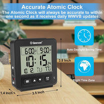 Geevon Small Atomic Travel Alarm Clock with Auto/8S Backlight, 2 Alarm Settings, Temperature, Increasing Beep Sounds Digital Atomic Travel Clock Battery Operated for Bedroom, Bedside