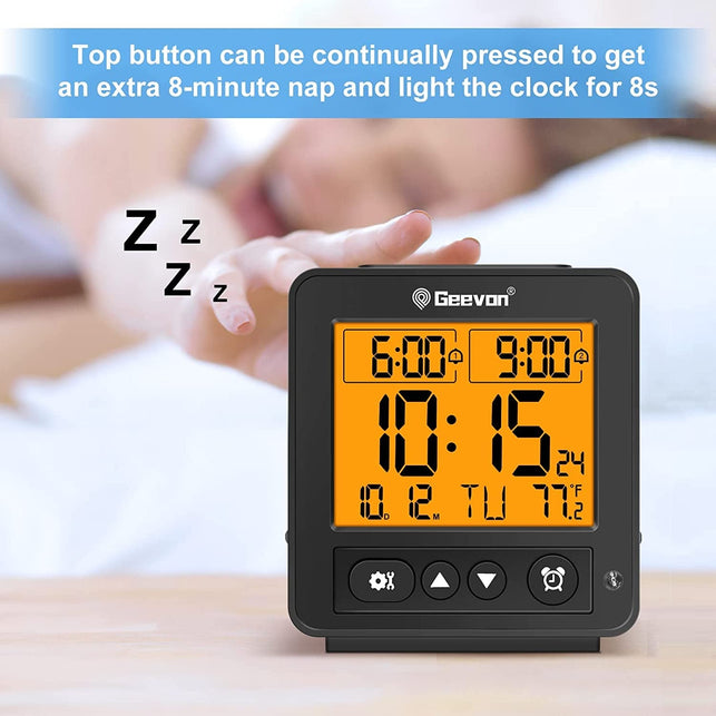 Geevon Small Atomic Travel Alarm Clock with Auto/8S Backlight, 2 Alarm Settings, Temperature, Increasing Beep Sounds Digital Atomic Travel Clock Battery Operated for Bedroom, Bedside