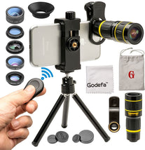 Godefa Cell Phone Camera Lens with Tripod+ Shutter Remote,6 in 1 18x Telephoto Zoom Lens/Wide Angle/Macro/Fisheye/Kaleidoscope/CPL, Clip-On lense Comp