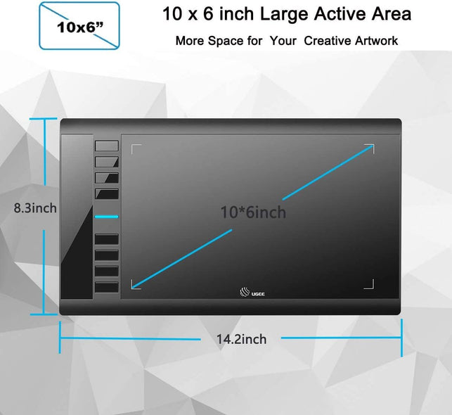 Graphics Drawing Tablet, UGEE M708 10 X 6 Inch Large Drawing Tablet with 8 Hot Keys, Passive Stylus of 8192 Levels Pressure, UGEE M708 Graphics Tablet for Paint, Design, Art Creation Sketch