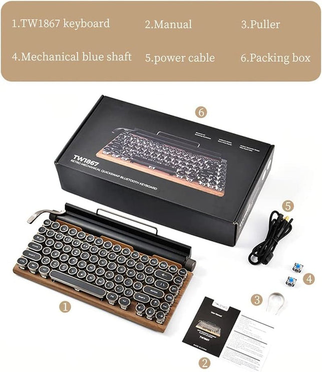 GUAZI STORE 83-Key Mechanical Keyboard Dot Retro Typewriter Mechanical Keyboard Wireless Bluetooth Keyboard, Keyboard Gaming Mechanical,Anti-Ghosting Blue Switch Mechanical Keyboard (Wood Color)