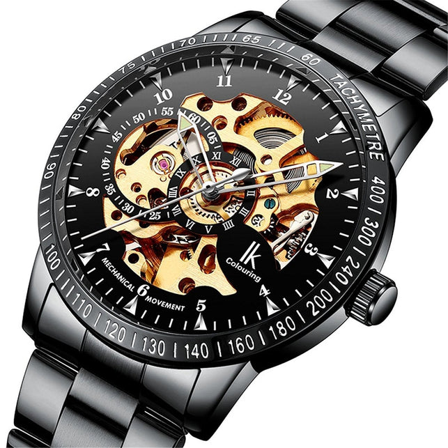 Gute Casual Mens Black Steel Skeleton Automatic Mechanical Coated Glass Wristwatch