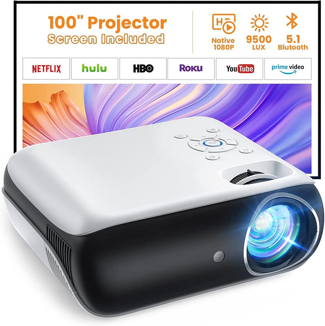 HAPPRUN Projector, Native 1080P Bluetooth Projector with 100''Screen, 9500L Portable Outdoor Movie Projector Compatible with Smartphone, Hdmi,Usb,Av,Fire Stick, PS5