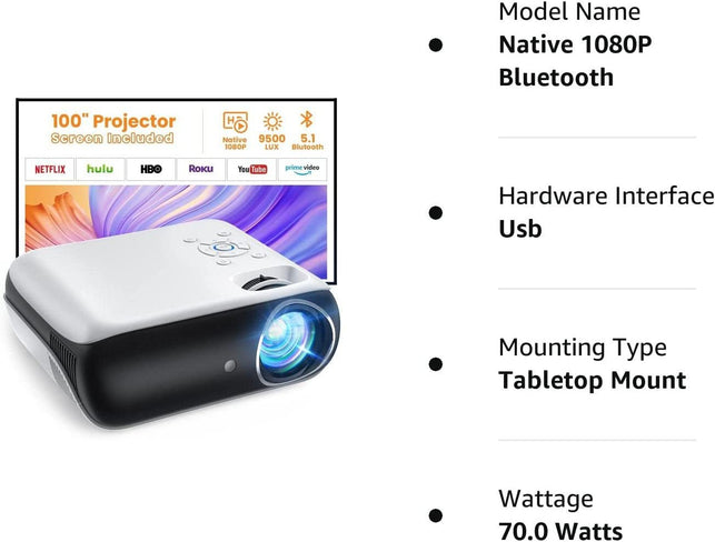 HAPPRUN Projector, Native 1080P Bluetooth Projector with 100''Screen, 9500L Portable Outdoor Movie Projector Compatible with Smartphone, Hdmi,Usb,Av,Fire Stick, PS5