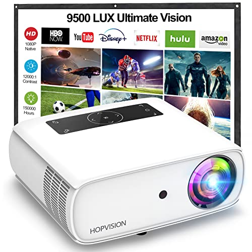 HOPVISION Native 1080P Projector Full HD, 9500Lux Movie Projector with 150000 Hours LED Lamp Life, Support 4K 350" Home Outdoor Projector for Smartphone/ PC/ Laptop/ PS4/ TV Stick/ EXCEL/ PPT