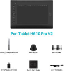 HUION H610 Pro V2 Graphic Drawing Tablet Android Supported Pen Tablet Tilt Function Battery-Free Stylus 8192 Pen Pressure with 8 Express Keys